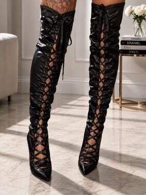 Satin Black Lace-Up thigh high Boots